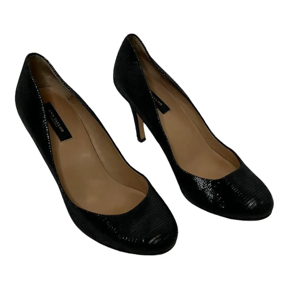 Ann Taylor Black Snakeskin Embossed‎ Leather Round Toe Stiletto Pumps Size 7.5M